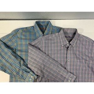 Alan Flusser Button Down Long Sleeve Plaid Stripe Men's Shirt Size Med -Lot Of 2